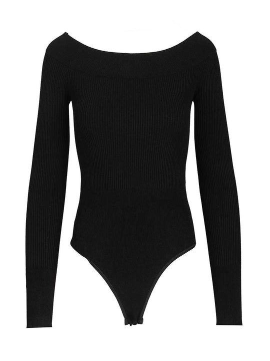 Ribbed Knit Bodysuit Tops Black