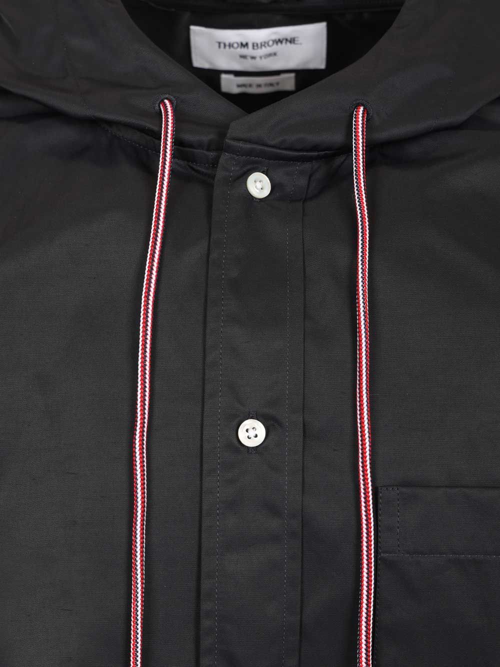 Thom Browne Hooded Straight Fit L/S Shirt W/ Rwb Cuff Detail And Cfront Placket And Self Armband In Poly Co Shirts - Blue | d888f90903711d1f510fd510f44d9e89008ff433