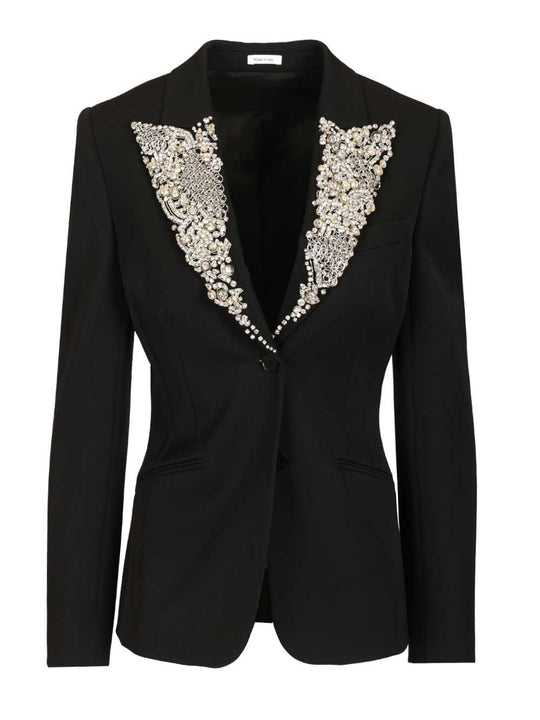Single-Breasted Jacket With Chainmail-Style Embroidery Jackets Black