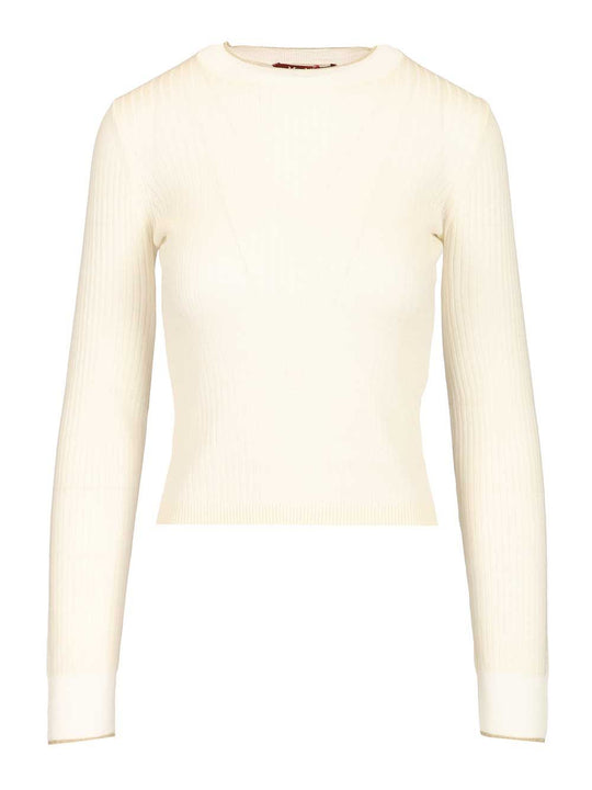 Mstepoche Wool-Silk Knit Ribbed Ls Crewneck Knitwear White