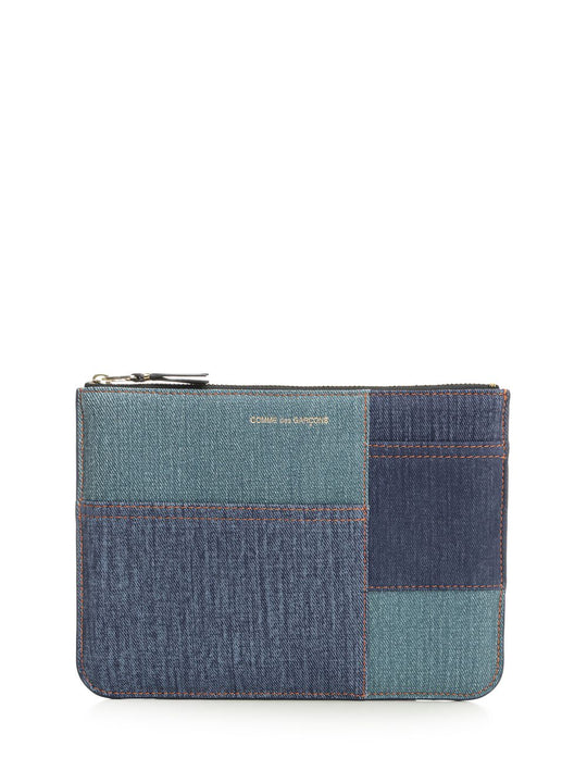 Patchwork Leather Denim Effect Zipped Pouch Small Leather Goods Blue