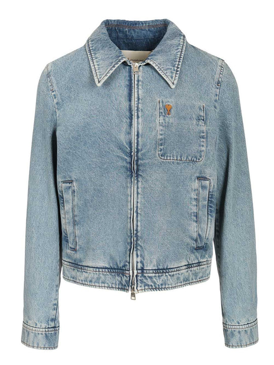 Contrasted Ami De Coeur Zipped Jacket Used Indigo Denim Jackets Light Blue