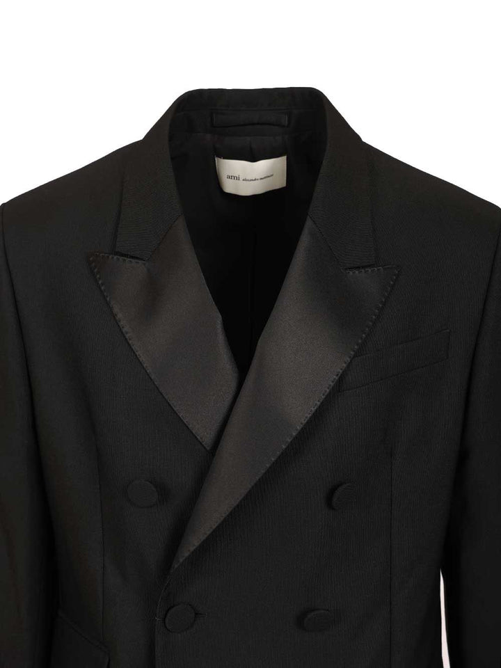 Ami Straight Double Breasted Smocking Jacket Wool Canvas Jackets - Black | b58b273c88de55256d3f341eac0d64db6cbcd158
