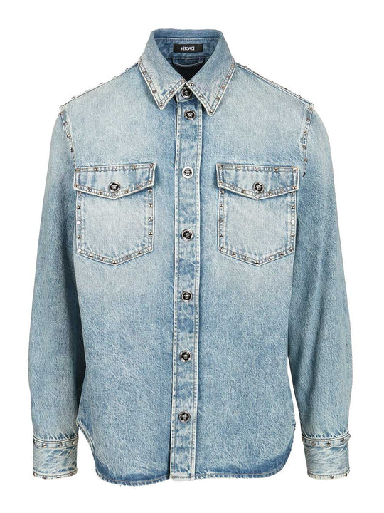 Studded Denim Shirt Casual Light Blue