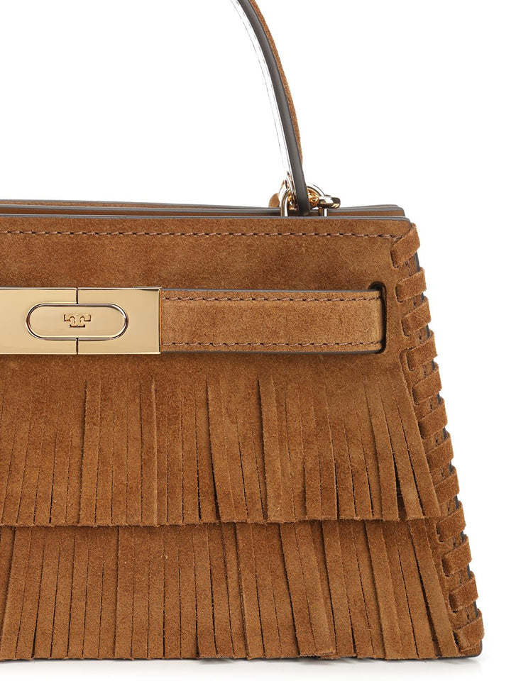 Tory Burch Lee Radziwill Petite Suede Fringe Mini Top Handle Handbags - Brown | 48402f54cd9810da0fa30f1893fa62f8ff6c39a5