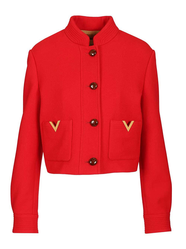 Valentino Garavani Peacoat In Drill Double With V Gold Knitwear - Red | fcf967f38368bf93d004a36a0af6f4225692ea87
