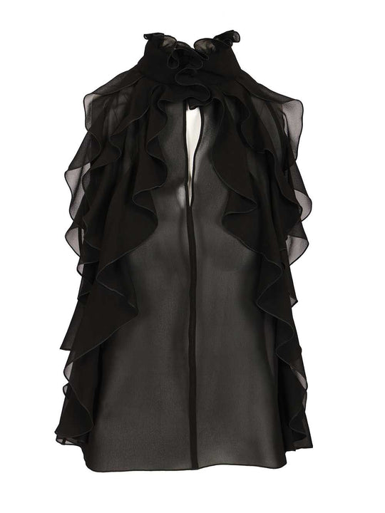 Cut-Out Top In Silk Georgette With Ruffles Tops Black