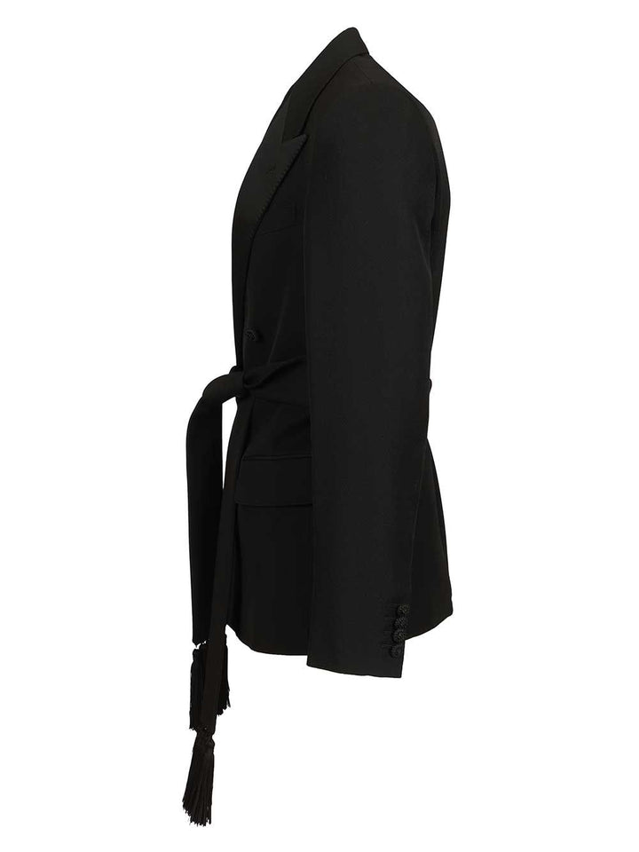 Valentino Garavani Virgin Wool Blazer With Belt Jackets - Black | 7fd65d8ea690decbdc094e08fafc6d487c6f6375