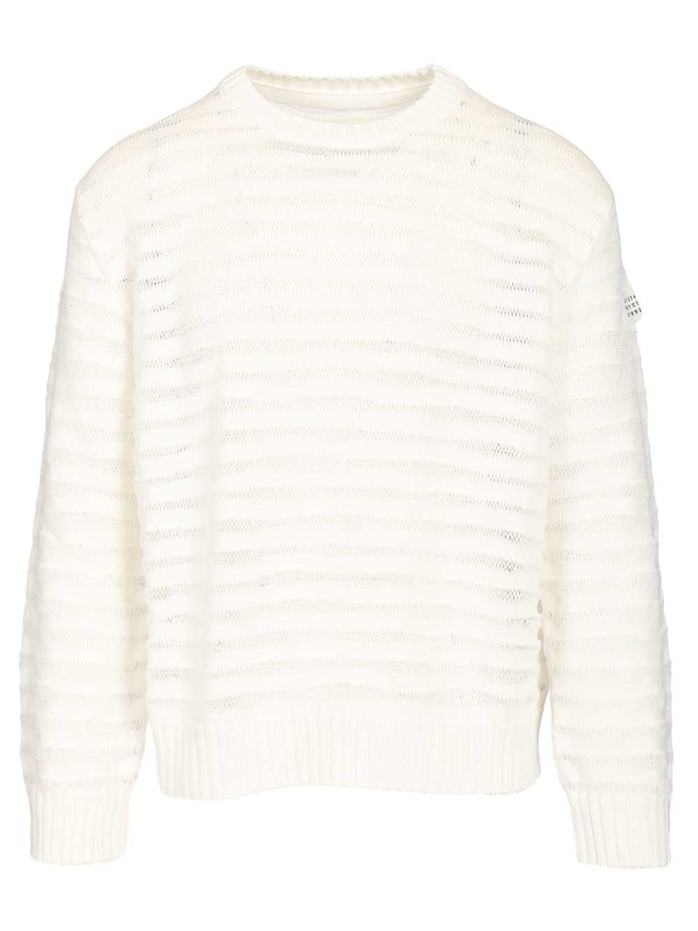 Mm6 Maison Margiela Open Knit Stripe Cotton Crewneck Sweater Sweatshirts - White | 412d918f9218ecb7fd20423af64ec60bf7f06efc