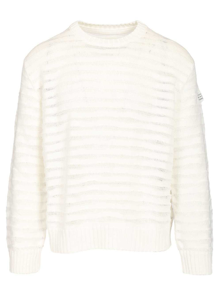 Mm6 Maison Margiela Open Knit Stripe Cotton Crewneck Sweater Sweatshirts - White | 412d918f9218ecb7fd20423af64ec60bf7f06efc