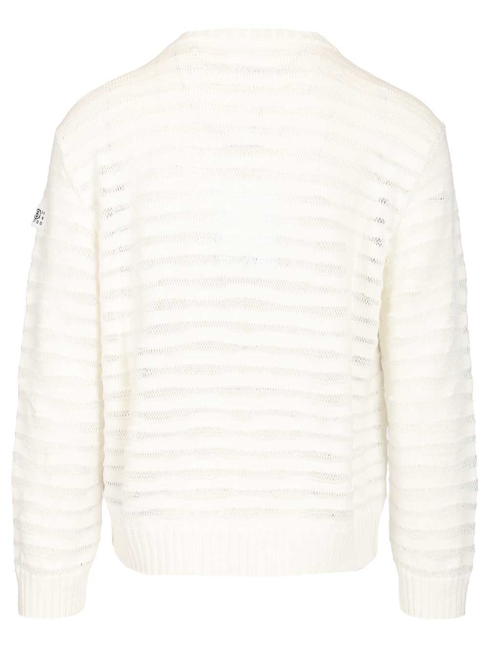 Mm6 Maison Margiela Open Knit Stripe Cotton Crewneck Sweater Sweatshirts - White | a62b8c732afea3b06a492191d6fb7ec9c797669f