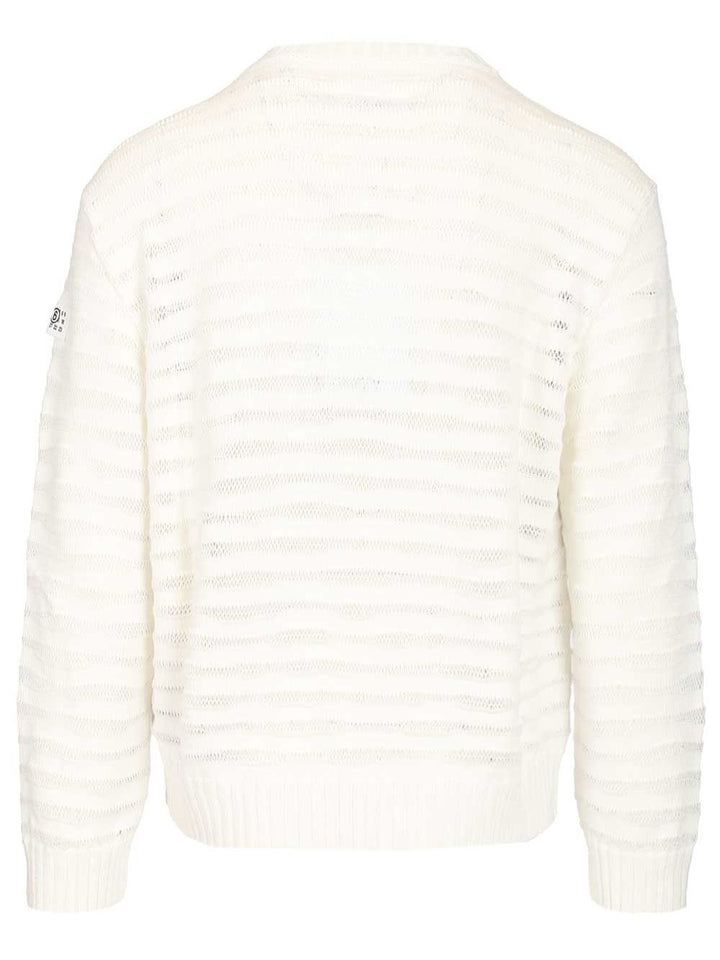 Mm6 Maison Margiela Open Knit Stripe Cotton Crewneck Sweater Sweatshirts - White | a62b8c732afea3b06a492191d6fb7ec9c797669f