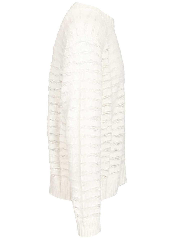 Mm6 Maison Margiela Open Knit Stripe Cotton Crewneck Sweater Sweatshirts - White | 0cba9f79d491783fb1ad041c37f4560171178889