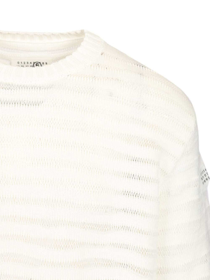 Mm6 Maison Margiela Open Knit Stripe Cotton Crewneck Sweater Sweatshirts - White | de04b30034795242db5687c4f18f5fe76c334e3e