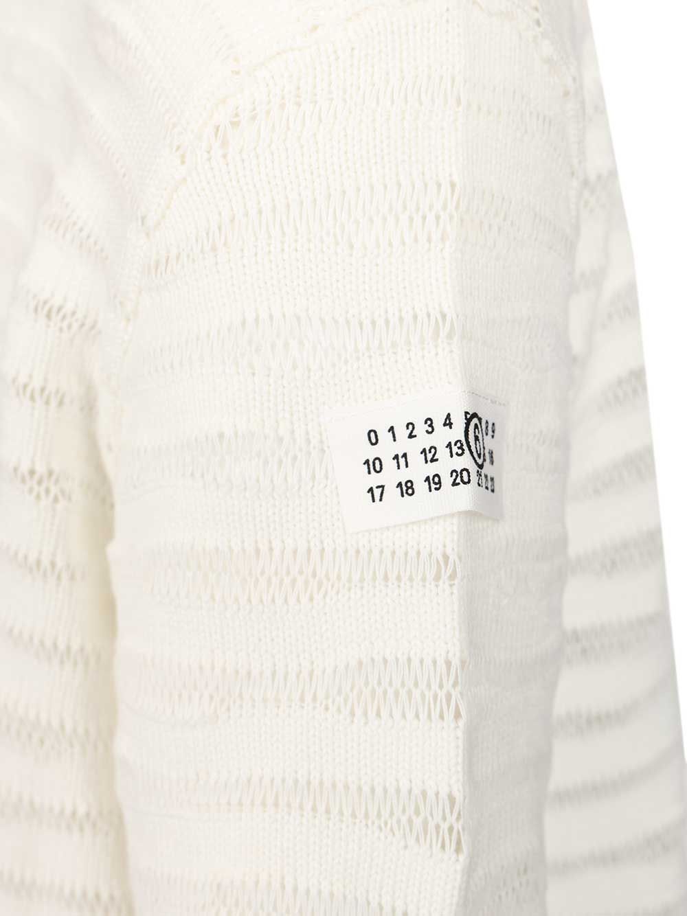 Mm6 Maison Margiela Open Knit Stripe Cotton Crewneck Sweater Sweatshirts - White | 334d994d954c6db0a071a48051b89607978b7364