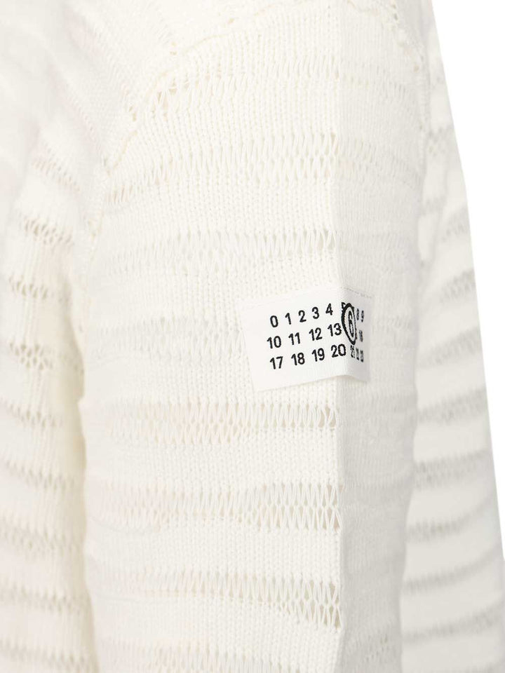 Mm6 Maison Margiela Open Knit Stripe Cotton Crewneck Sweater Sweatshirts - White | 334d994d954c6db0a071a48051b89607978b7364