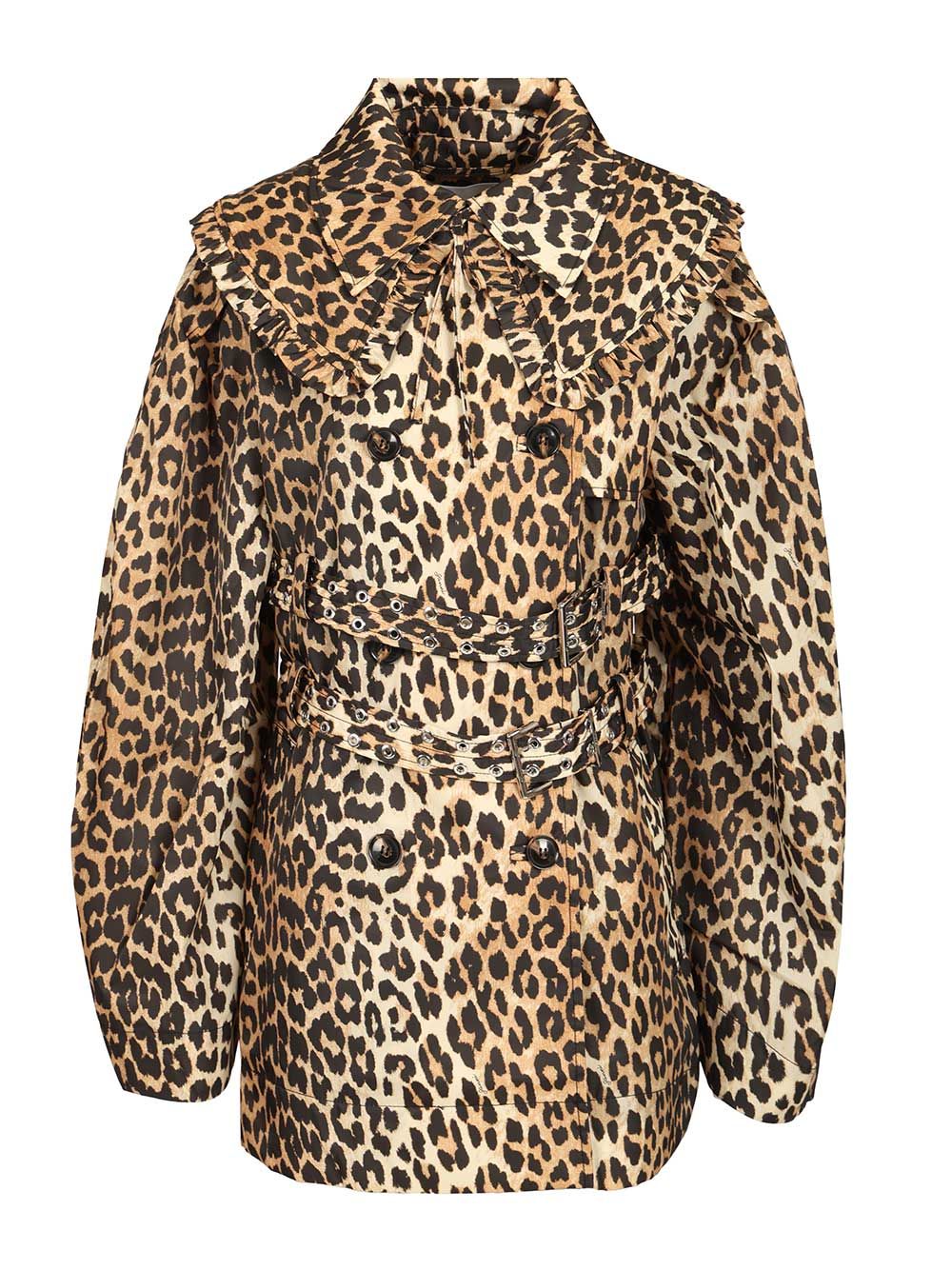 Ganni Short Duchesse Trench Coat With Animal Print Coats - Animalier | 6f7bcaf43747c725537d76e402eefe592c9dbf63