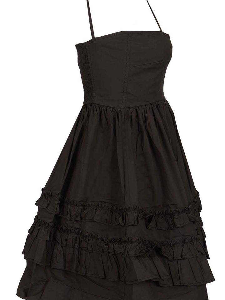 Ganni Stretch Cotton Mini Strap Dress W. Frills Dresses - Black | 4d29efce0891efa799819aae386d000e3edaddd2