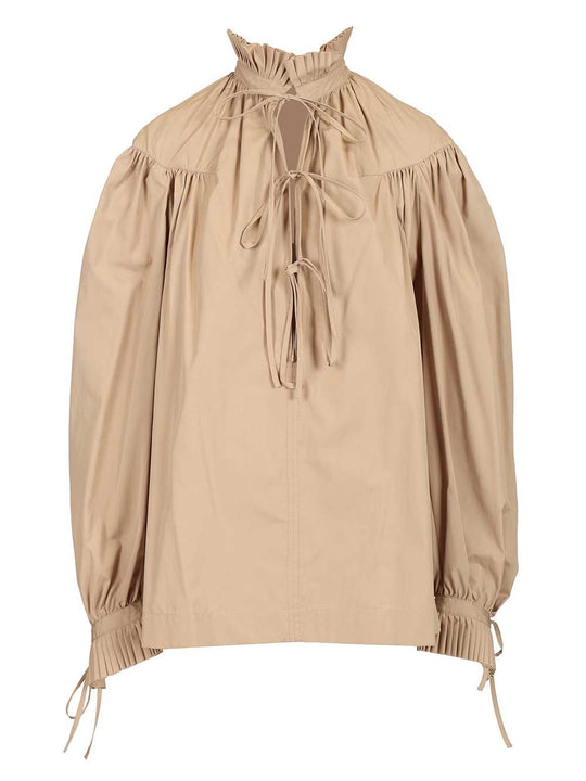 Cotton Poplin Blouse With Ruffles Shirts Beige