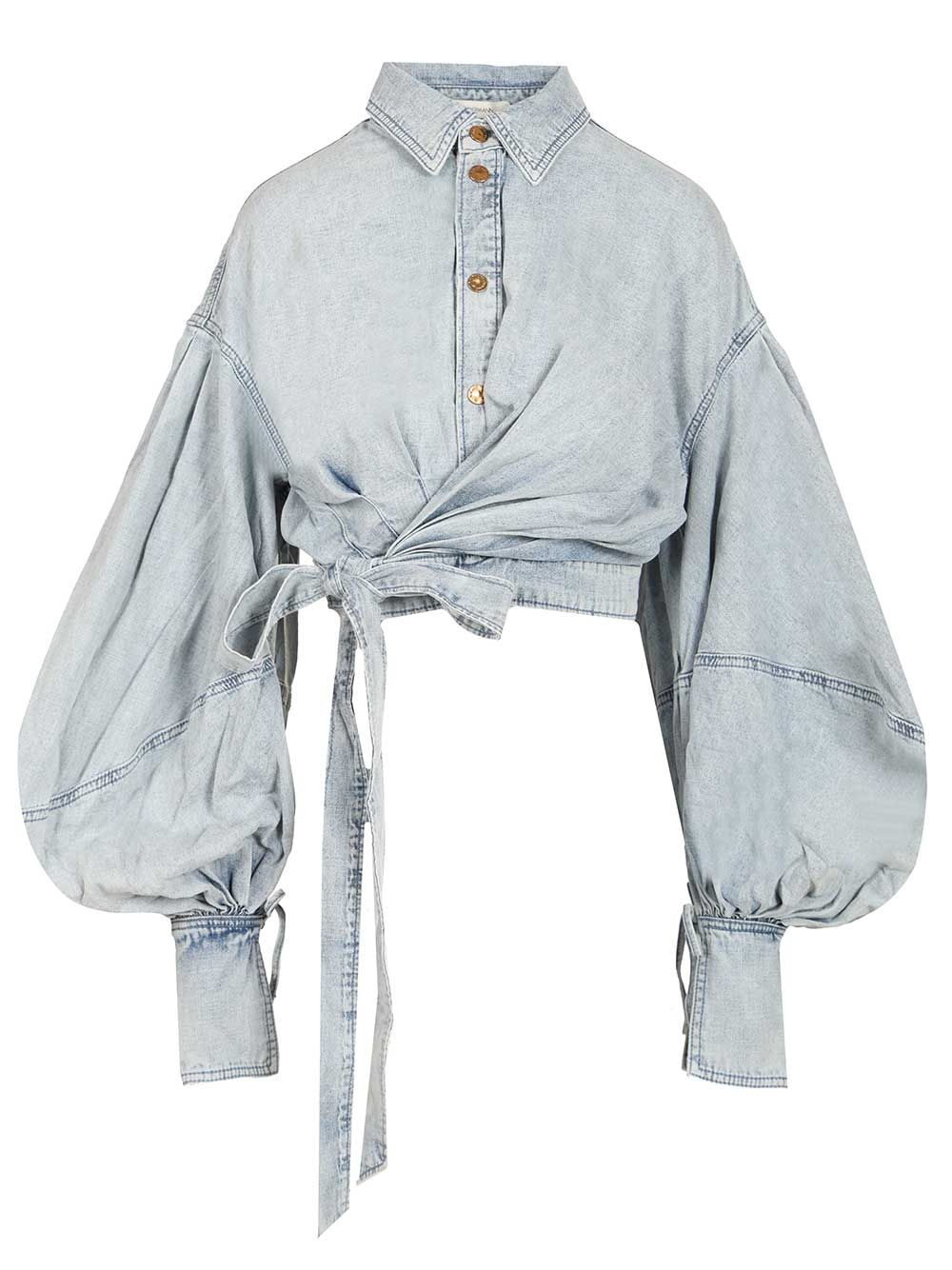 Zimmermann Rebellion Denim Wrap Top Tops - Blue | d520d701906b534537cd7c7a5b7ff664a3817678