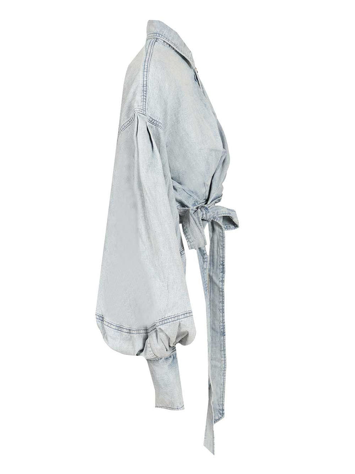 Zimmermann Rebellion Denim Wrap Top Tops - Blue | e8e611ff7b6ebf80e0e5c2262a6b0a81f57adad2
