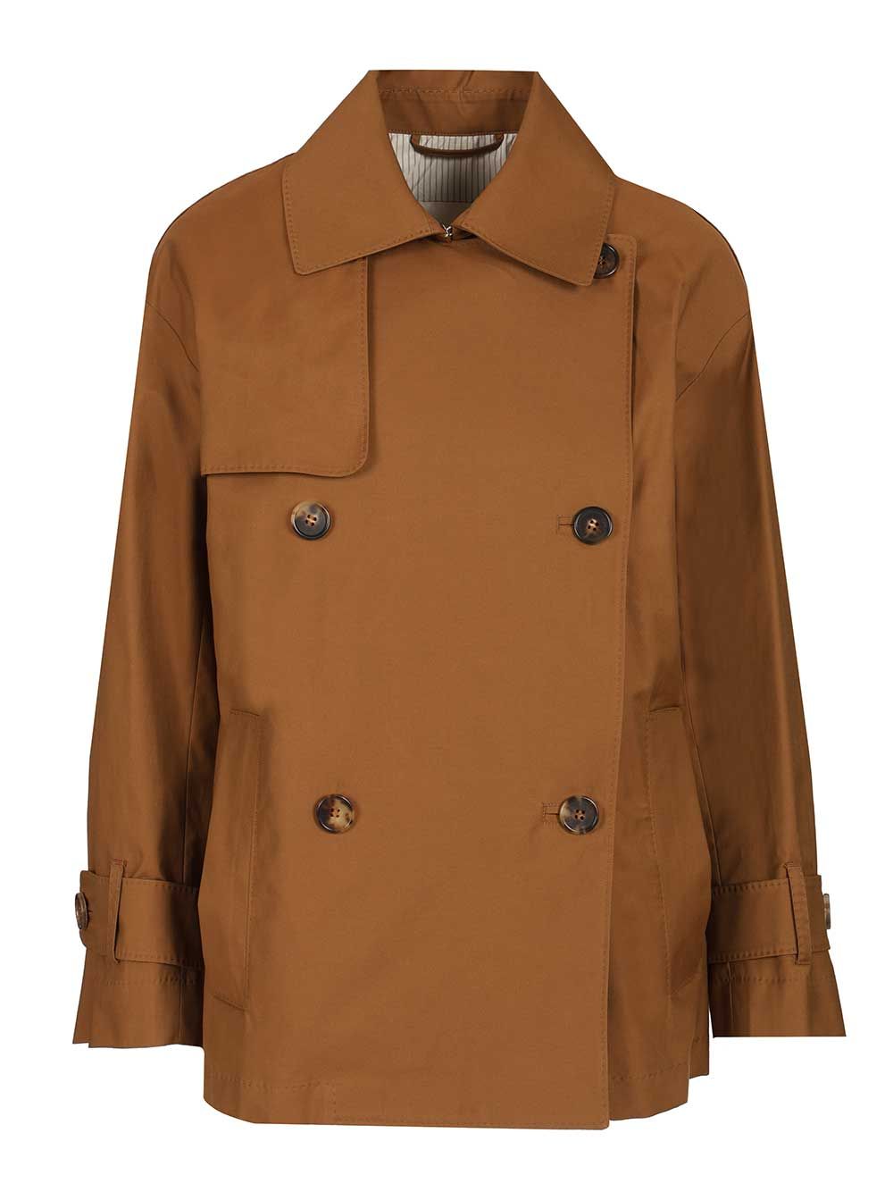 Max Mara The Cube Short Double-Breasted Trench Coat In Water-Repellent Cotton Coats - Brown | 4cbb2c8ee3dc741baef93a79495658a29b73681e
