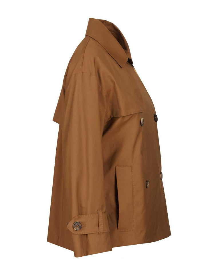 Max Mara The Cube Short Double-Breasted Trench Coat In Water-Repellent Cotton Coats - Brown | 607469de2f38f8b6f009c2243e777aa1fcc02ec0