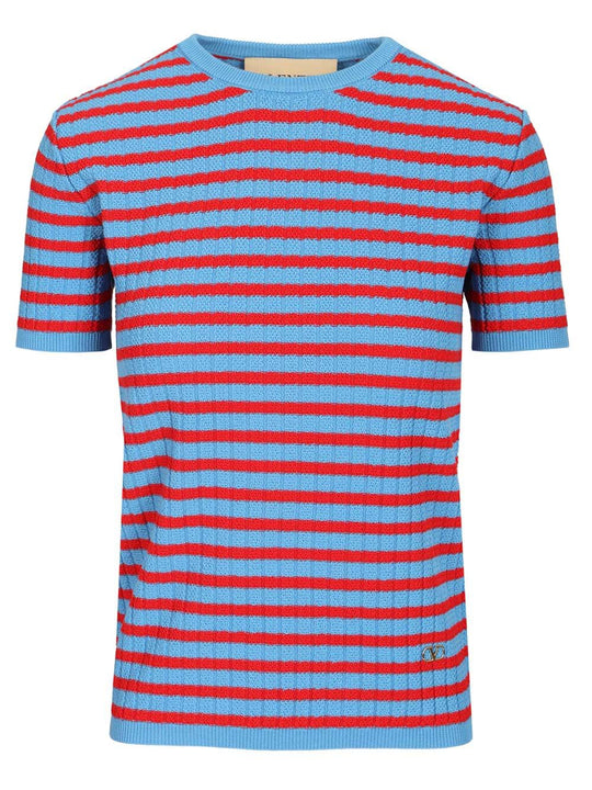 Ribbed And Striped Cotton T-Shirt Blue