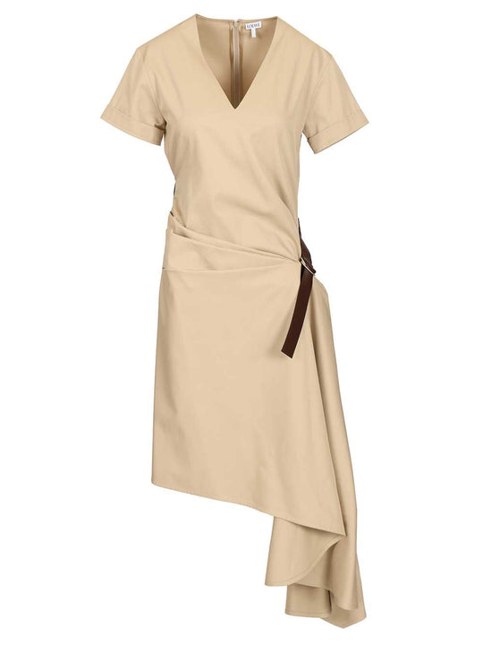 Belted Dress In Cotton And Silk Dresses Beige