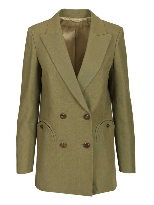 Green Linen Double-Breasted Blazer Jackets Green