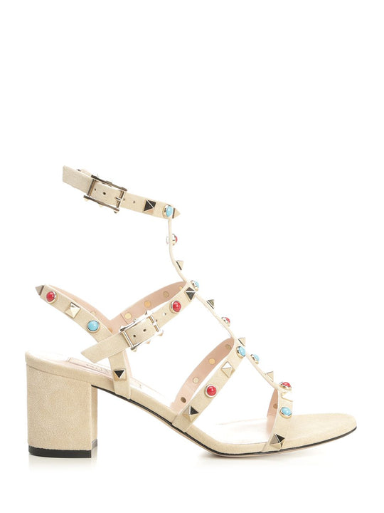 Rockstud Suede Sandals Beige