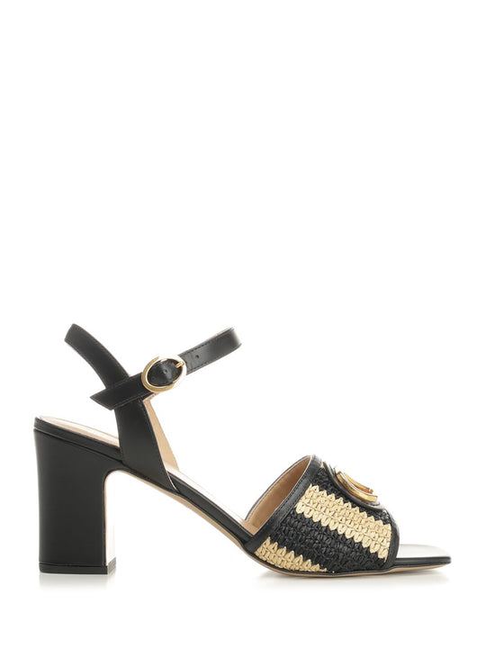 Striped Raffia And Leather Sandals Black