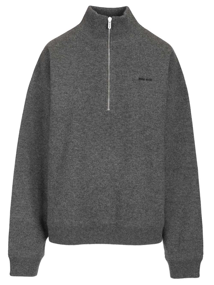 Miu Miu Cashmere And Jersey Zip-Up Sweater Knitwear - Grey | be10d89ed7778eb36c718cfcb5fdded6fe5c7ce7