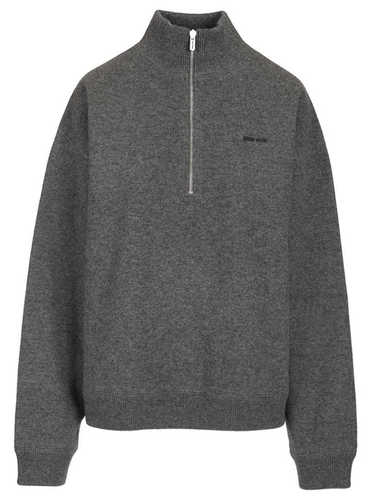 Cashmere And Jersey Zip-Up Sweater Knitwear Grey