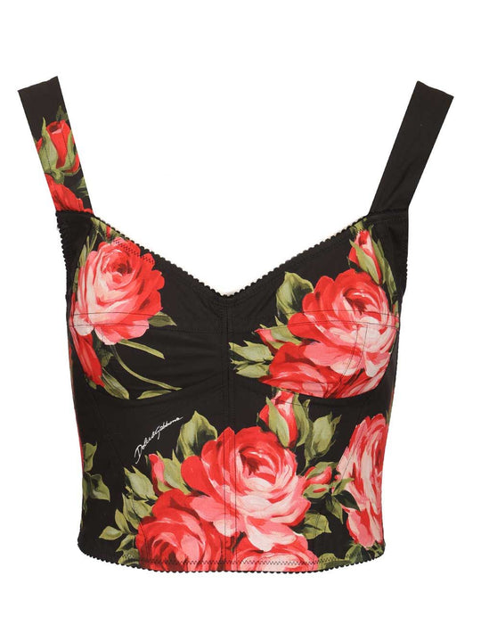 Rose Bouquet Print Bustier Top Tops Black