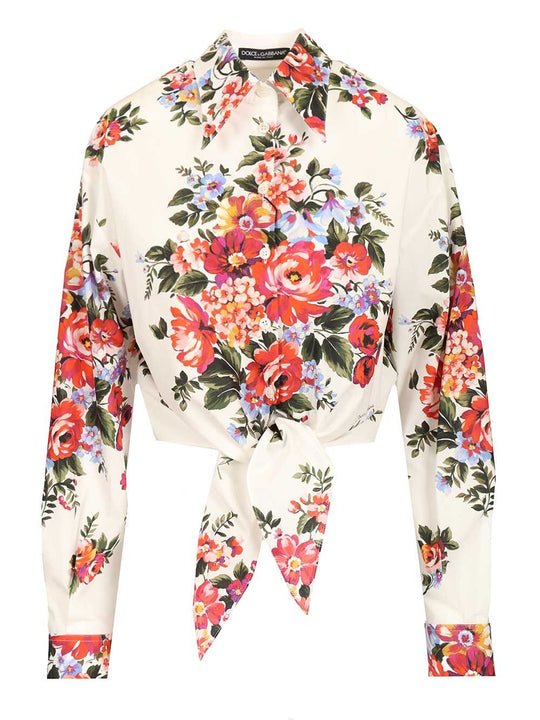 Cotton Shirt With A Bouquet Of Flowers Print Shirts White