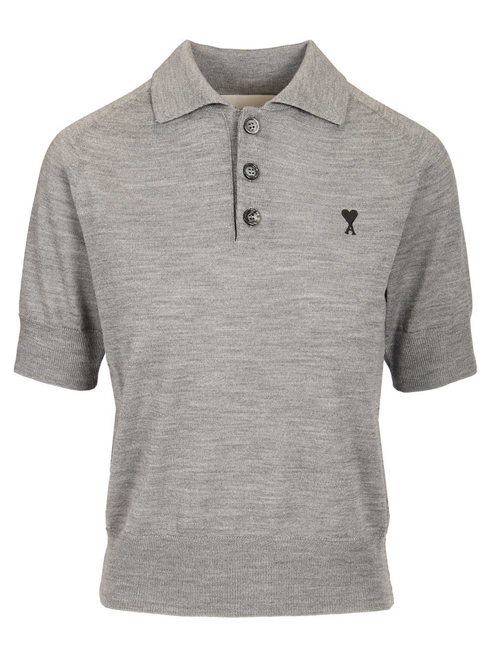 Ami Short-Sleeved Wool Polo Shirt Knitwear - Grey | 6f94fc333348e45d00509c12e9bbf1cb8efb7552