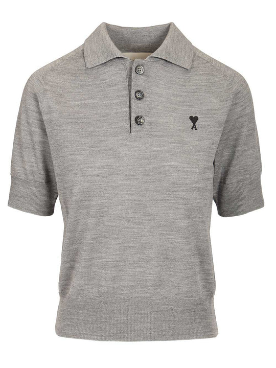 Short-Sleeved Wool Polo Shirt Knitwear Grey
