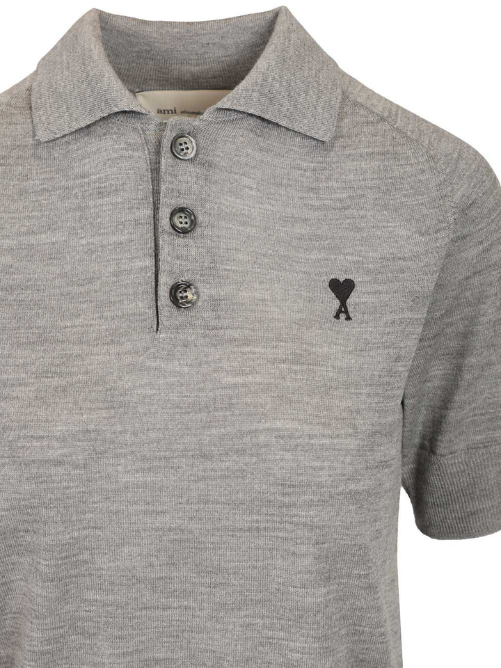 Ami Short-Sleeved Wool Polo Shirt Knitwear - Grey | 1b434535b21e4da9149261010a19daf8da8d5365