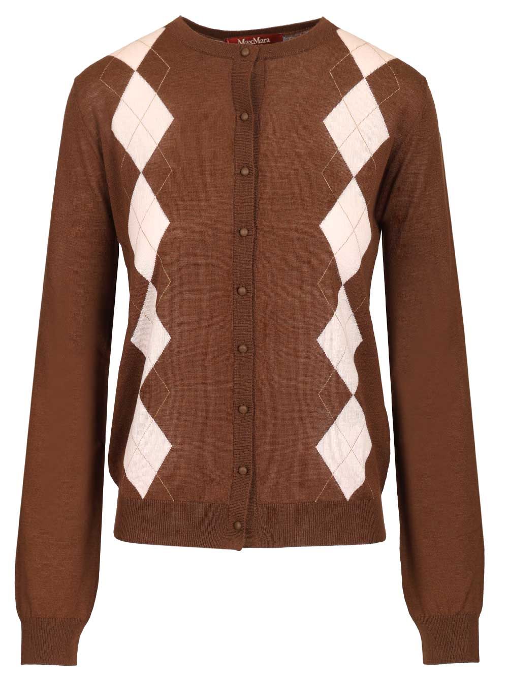 Max Mara Studio Argyle Wool And Silk Cardigan Knitwear - Brown | 5e5f8e6c553102c455d55492baa9f0bb4c6da815