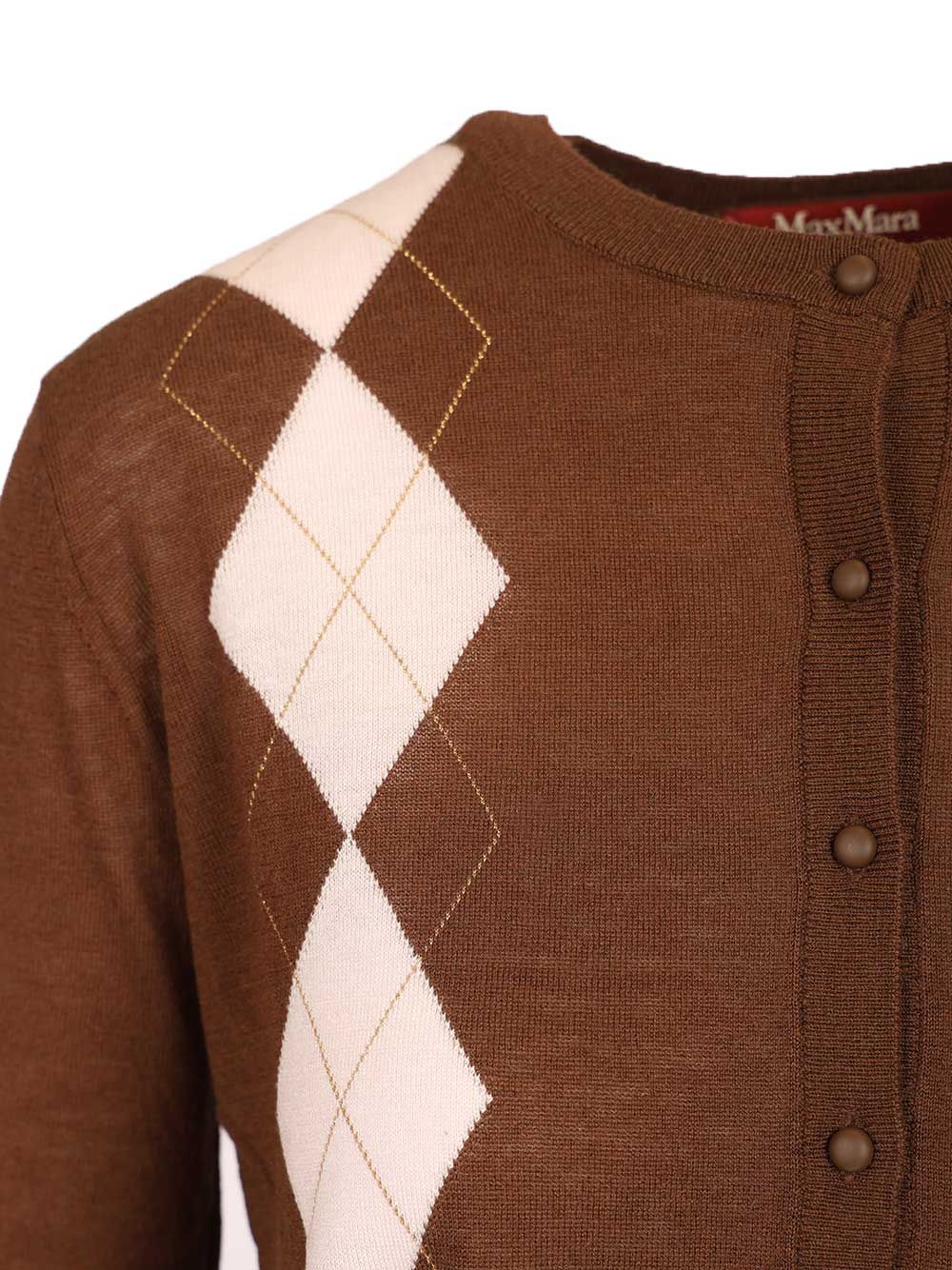 Max Mara Studio Argyle Wool And Silk Cardigan Knitwear - Brown | 15ccda67e9c235448f4506d499eb077dbde6f7e6