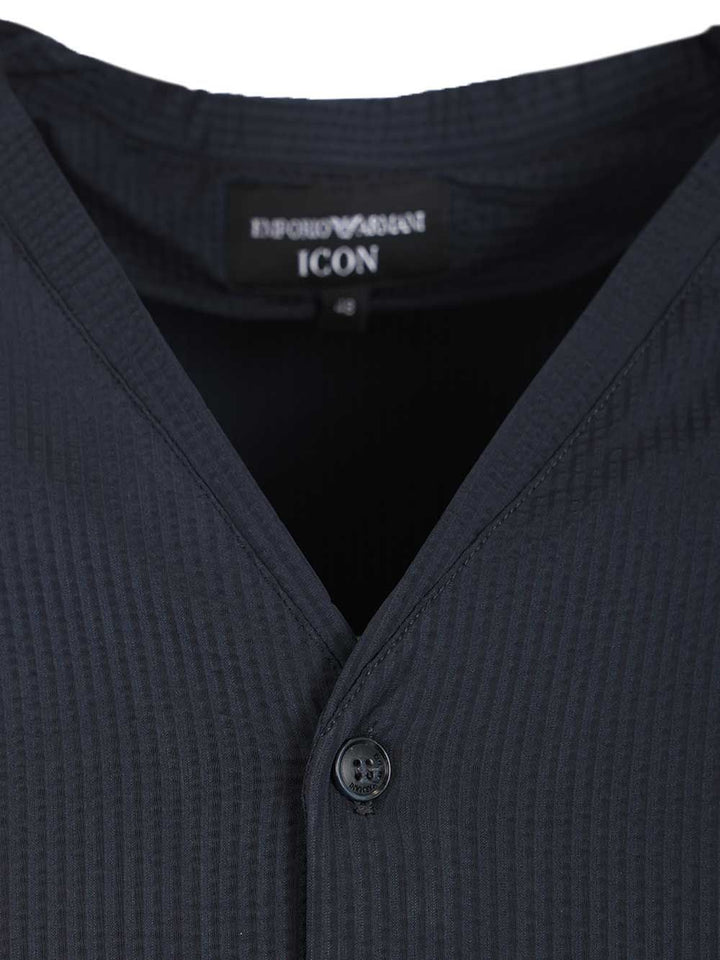 Emporio Armani Seersucker V-Neck Shirt Shirts - Blue | 4cfd4f040eb594966a8d5481ded1e396cb43f2e7