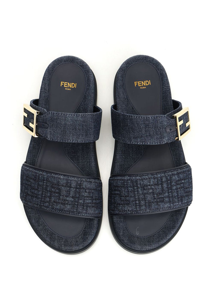 Fendi Flat Denim Slides Sandals - Blue | e1c26d818862aff6a11f2599a056eaac646f9afe
