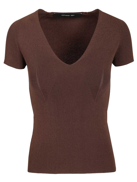 V-Neck Sweater Tops Brown
