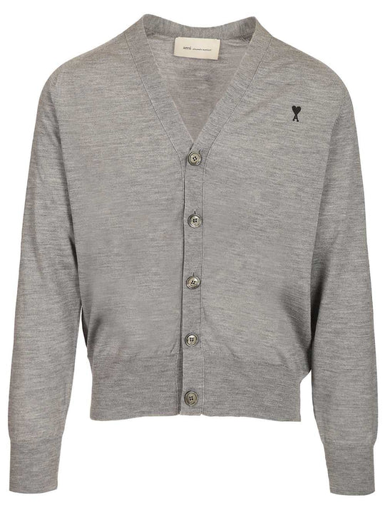 Ami Paris V-Neck Wool Cardigan Knitwear Grey