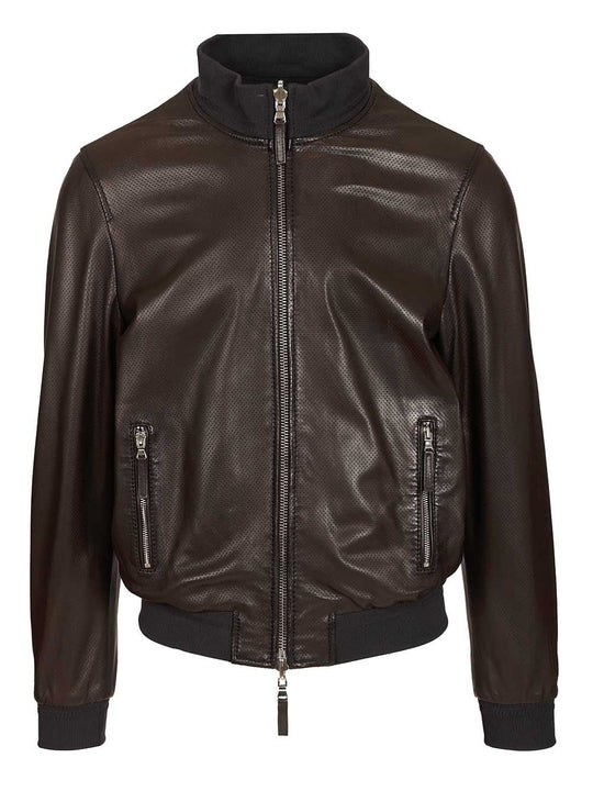Reversible Perforated Leather Biker J Jackets Brown