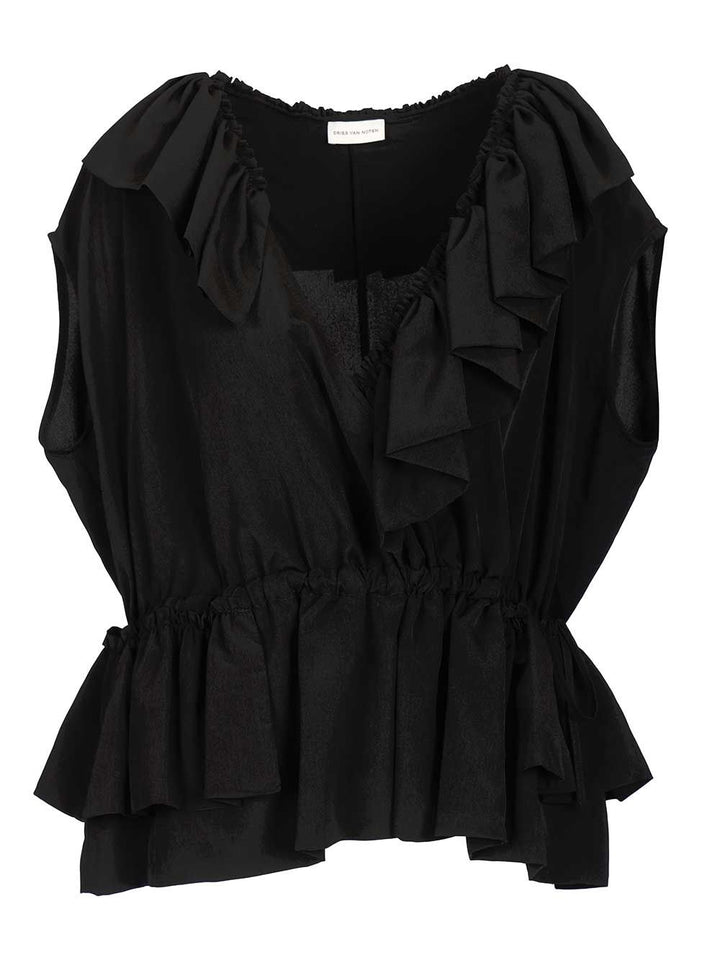 Dries Van Noten Jersey Top With Belt Tops - Black | 094f41d08115ee6870502b72a5362409552bfc28