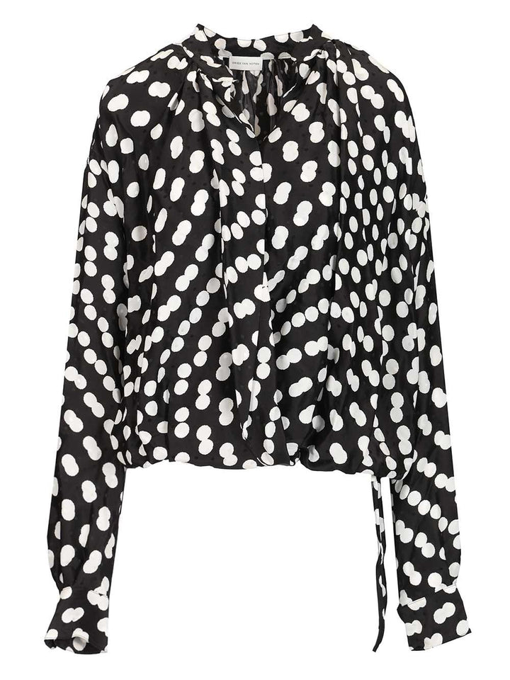 Dries Van Noten Polka Dot Jacquard Satin Draped Blouse Shirts - Black | 4ec834789553251edc4cea9ae74a003a8d4f3676