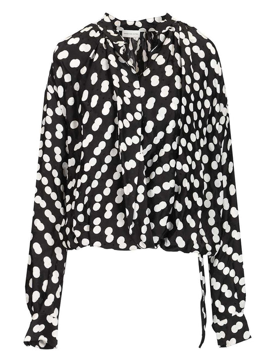 Polka Dot Jacquard Satin Draped Blouse Shirts Black