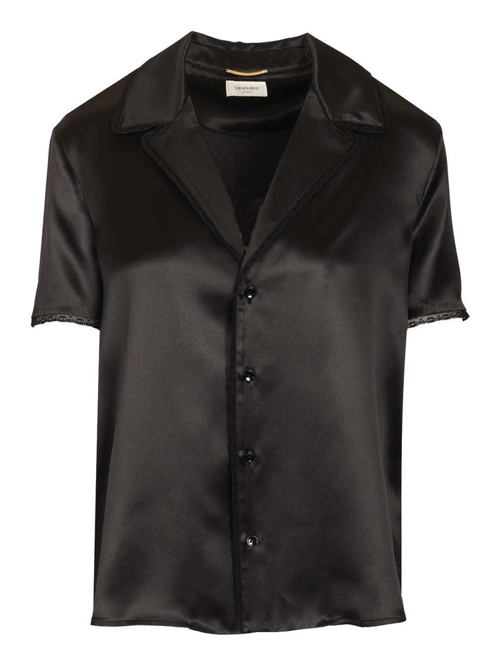 Saint Laurent Silk Satin Shirt With Lace Edges Shirts - Black | 233ab83fc3a55a21e51eb8c6ded0787c5588d5aa